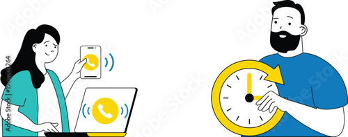 A woman using mobile and laptop while man turns clock hand showing time management and communication syncing