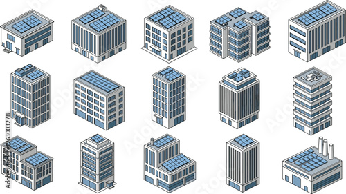 modern buildings with solar panels icons set, eco friendly architecture, office towers, sustainable urban structures, renewable energy rooftops, isometric vector illustration collection design