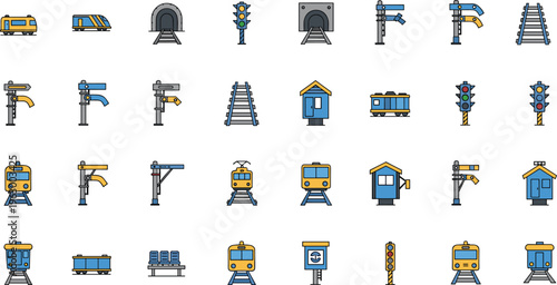 railway icons set, train signals tracks locomotives stations, rail transport elements, metro transit system, railroad infrastructure, colorful vector illustration collection design pack