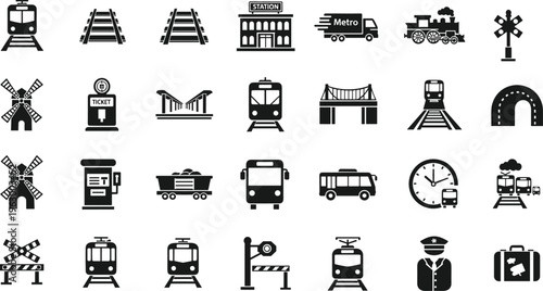 railway transport icons set, train tracks station metro vehicles, rail infrastructure symbols, public transit system, travel elements, black silhouette vector illustration collection design