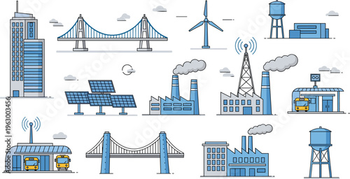 urban infrastructure icons set, city buildings bridges wind turbines solar panels factories, transport stations, communication towers, industrial elements, modern vector illustration collection design
