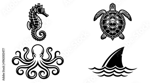 Four black and white illustrations of sea creatures: a seahorse, a sea turtle, an octopus, and a shark fin, depicted in a detailed, vintage tattoo style.