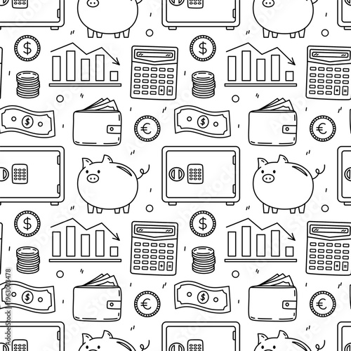 Seamless finance pattern with money, piggy bank, wallet, calculator, safe, coins and cash. Black and white doodle background for business, investment design. Vector hand-drawn illustration.