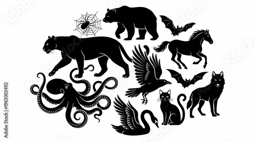A collection of black silhouette illustrations featuring various animals including a panther, bear, horse, wolf, cat, swan, raven, octopus, bats, and a spider.