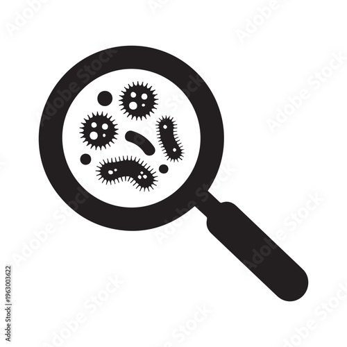 A magnifying glass showing various types of bacteria under magnification for examination and study purposes in a laboratory setting with a black and white color scheme only Vector