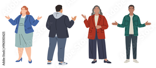 Set of diverse individuals talking with gesture broadly, palms open, facing forward. Each figure shows open, welcoming, or enthusiastic body language. Isolated on transparent background