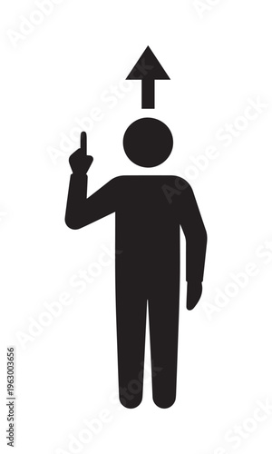 A black silhouette of a person pointing upwards with one hand and an arrow above their head indicates direction or guidance given Vector