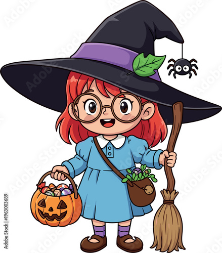 Cute Halloween Witch Girl Character Illustration Featuring Trick Or Treat Basket Broom And Pumpkin Design