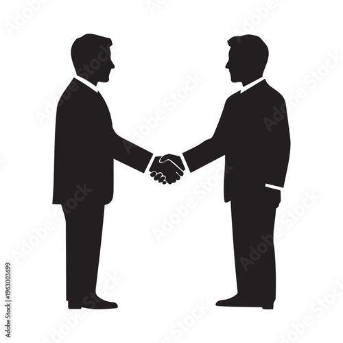 Two businessmen shaking hands in a formal agreement with smiles on their faces and suits on their bodies standing Vector