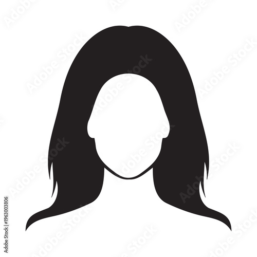 A black silhouette of a woman with long hair and a blank face is shown in a simple graphic design element used for profiles or avatars online Vector