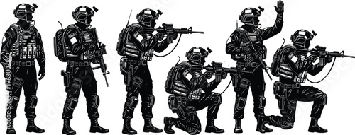 Set of black tactical soldier silhouettes isolated on white background, military special forces characters with rifles and gear vector icons,