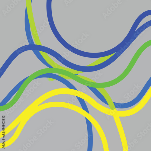 Abstract art with swirling blue, yellow, and green lines on gray
