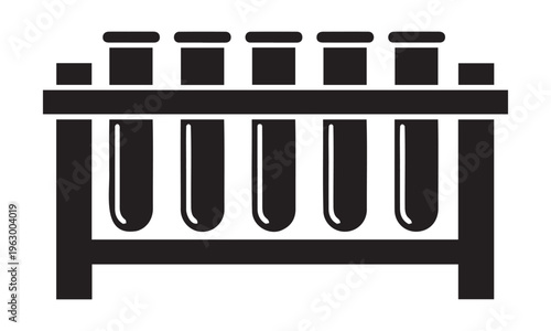 A black and white graphic of a test tube rack with several tubes and caps on a plain for science or laboratory use in education or research settings Vector