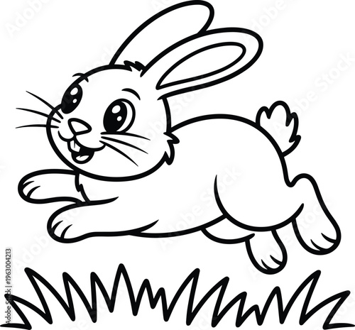 A cute cartoon bunny rabbit jumping happily in the grass for coloring book pages