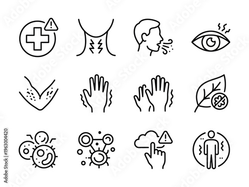 Sickness and allergy symptoms icons set - line art with sore throat with rubbing hands