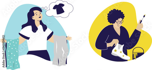 Two individuals deciding on clothing and footwear with thoughtful expressions and creative touches for outfits