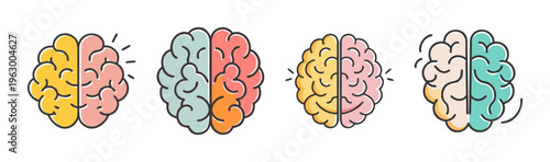Human brain icons set with left and right hemisphere functions, colorful mental health and psychology vector illustrations, 4 creative brain symbols