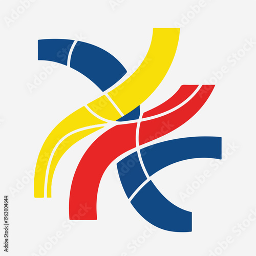 Abstract design composed of intersecting curved lines in primary colors