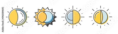 Minimalist sun and moon icons set, day and night cycle symbols, weather forecast vector elements, light and dark mode interface graphics