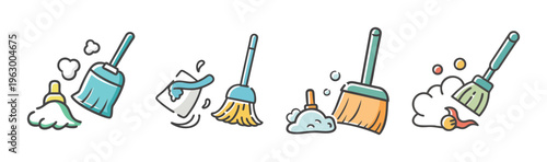 Hand drawn cleaning broom icons set, colorful doodle sweeping brush and dustpan vector, household sanitation and chore equipment collection