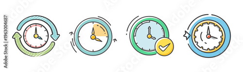 Modern time management icons set, colorful clock and stopwatch vector illustrations, productivity and deadline symbols for business scheduling