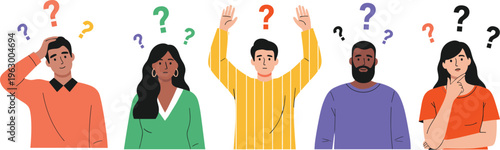Group of Confused Diverse People Men and Women Thinking and Looking for Answers with Colorful Question Marks Above Their Heads Flat Vector Illustration