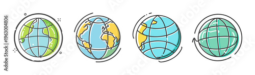 Set of four hand-drawn globes showing different continents and rotation.