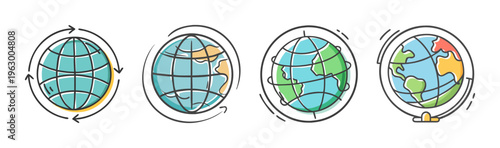 Set of four hand-drawn globe icons representing global perspective and travel.