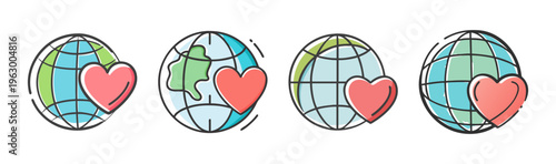 Collection of four hand-drawn globe icons with hearts symbolizing love and care.