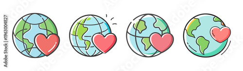 Four hand-drawn globe icons with hearts, conveying empathy and global connection.