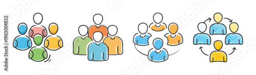 Collection of stylized people icons representing collaboration, teamwork, and social connection.