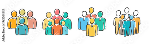 Diverse group of people icons in various formations, symbolizing community and teamwork.