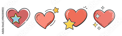 Set of charming hand-drawn hearts with stars, conveying love, affection, and positive feelings.