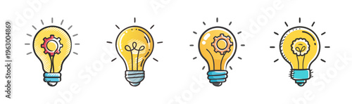 Light bulb icons symbolizing innovation, creativity, and new ideas with gears inside.