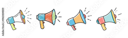 Set of hand-drawn megaphone icons with sound waves, vector illustration