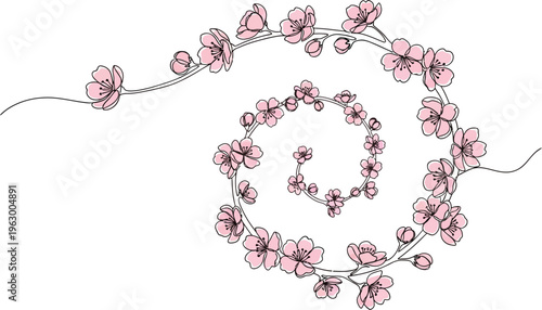 Beautiful continuous line drawing of delicate pink cherry blossoms arranged in a graceful spiral design on a pure white canvas.