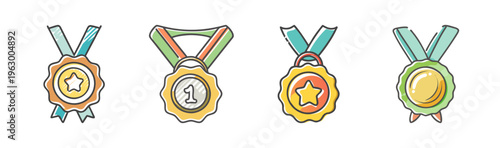 Medal icons with ribbons, representing achievement, success, and awards.