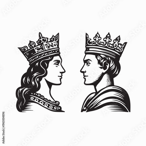 Monarch Couple King and Queen Profile View Vector Illustration