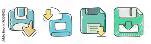 Four floppy disk icons with download arrows, hand-drawn style, representing saving data.