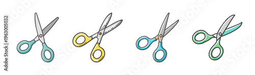 Four colorful scissors icons in a hand-drawn style, representing cutting and crafting.