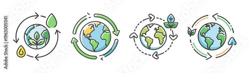 Icons depicting sustainable development with Earth, recycling arrows, and plant growth.