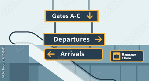 Airport guidance signs and escalator, indicating various directions