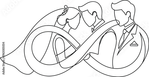 Elegant single line art illustration depicting a bride and groom connected by an infinite love symbol design