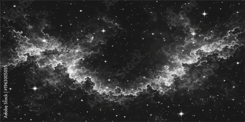 Celestial Abstract: A monochromatic panorama of the cosmos, where luminous nebula clouds dance around an inky void, punctuated by the twinkling of distant star.