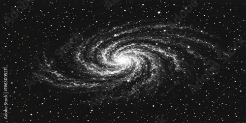 Abstract a captivating monochrome rendering of a spiral galaxy, with its arms swirling gracefully amidst a celestial sea of stars.