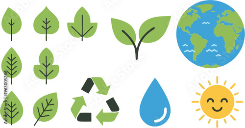 Vector icons for environmental sustainability, featuring green leaves, Earth, recycling symbol, water, and sun, ideal for eco-friendly designs and nature conservation awareness