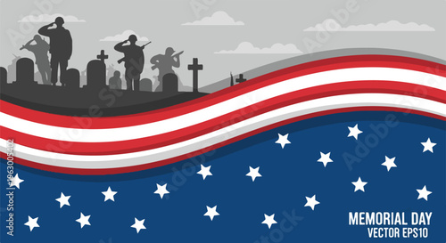 American flag design with soldiers, graves, and stars for Memorial Day
