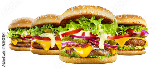 Set of delicious burgers, isolated on cutout transparent background