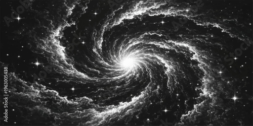 Abstract image: a mesmerizing depiction of a spiral galaxy, showcasing celestial beauty and cosmic wonder. Featuring an elegant arrangement of stars, swirling clouds, a central bright area.
