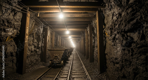 Underground Coal Mine Tunnel with Tracks and Dim Lighting.